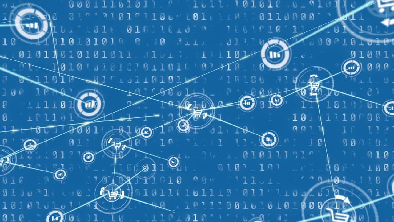 animación de la red de conexiones con iconos sobre el procesamiento de datos sobre fondo azul
