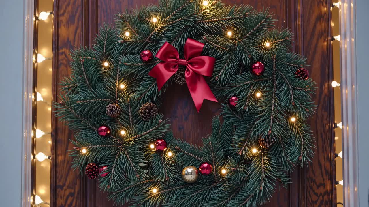 Festive Christmas wreath with red bow and ornaments on a wooden door, captured in a front-facing