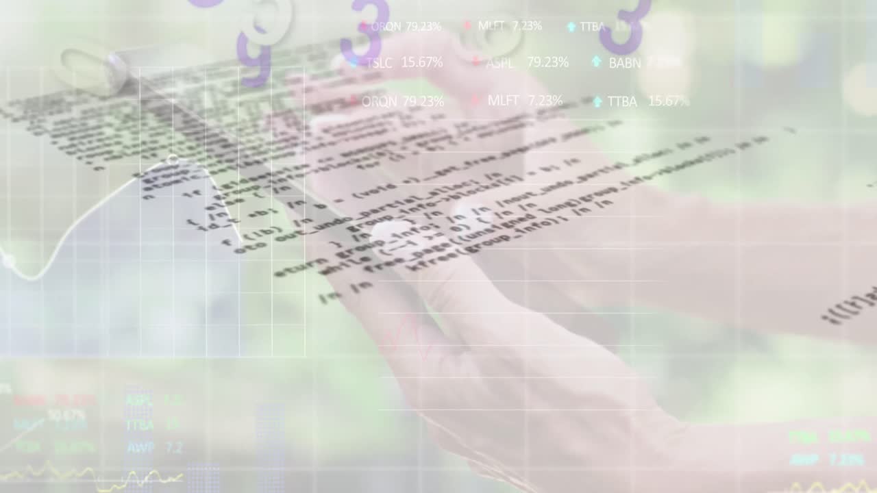 animación del procesamiento de datos financieros sobre una mujer caucásica que usa un teléfono inteligente