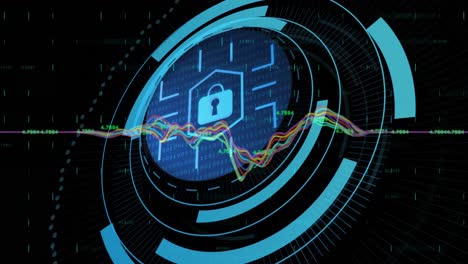 Animation-of-data-processing-over-security-padlock-on-round-scanner-against-black-background