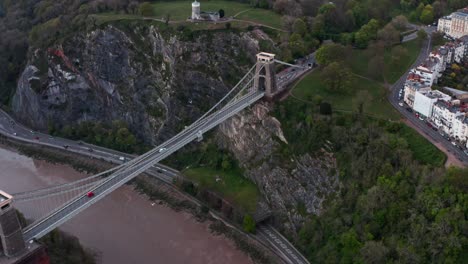 descending drone shot towards east tower of clifton suspension bridge bristol