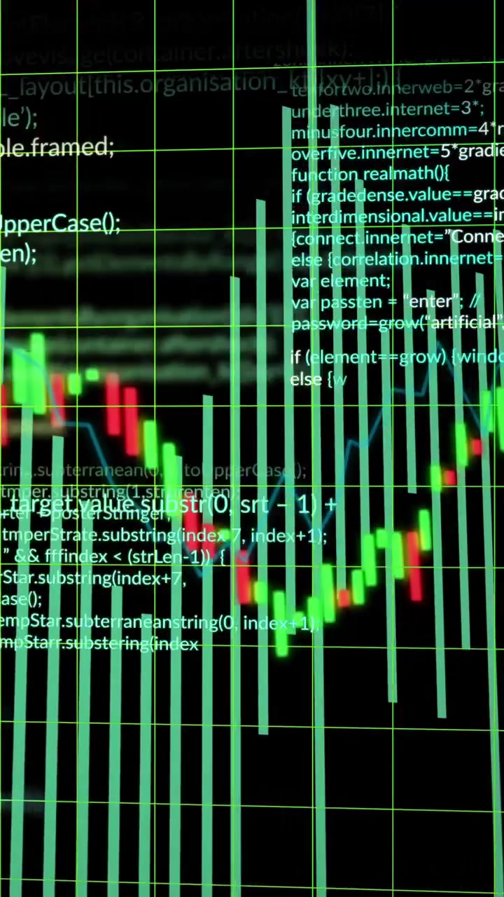 Animation of financial data processing over black background