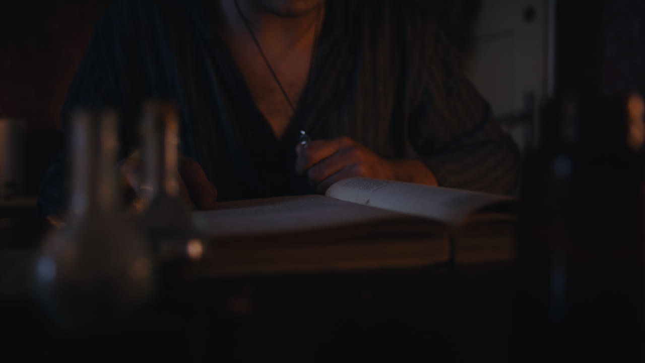 A Scholar Reading an Ancient Book in a Dimly Lit Study