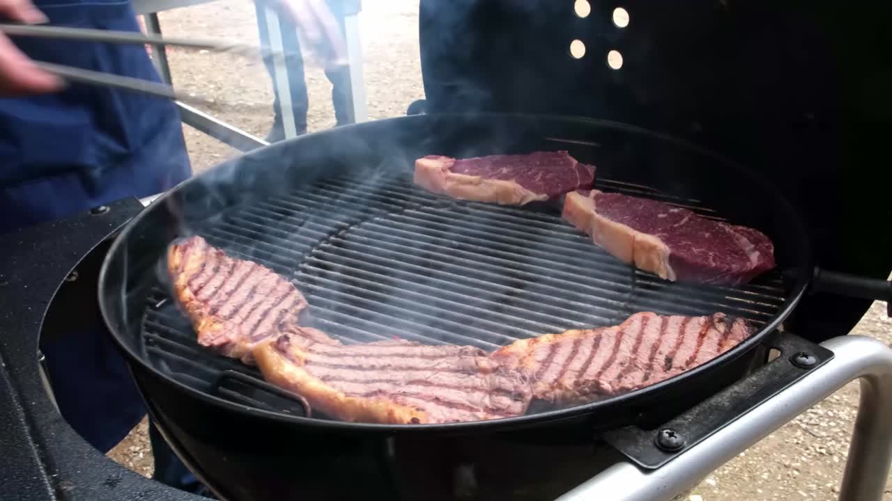 la parrilla con la carne asada está cubierta con una tapa