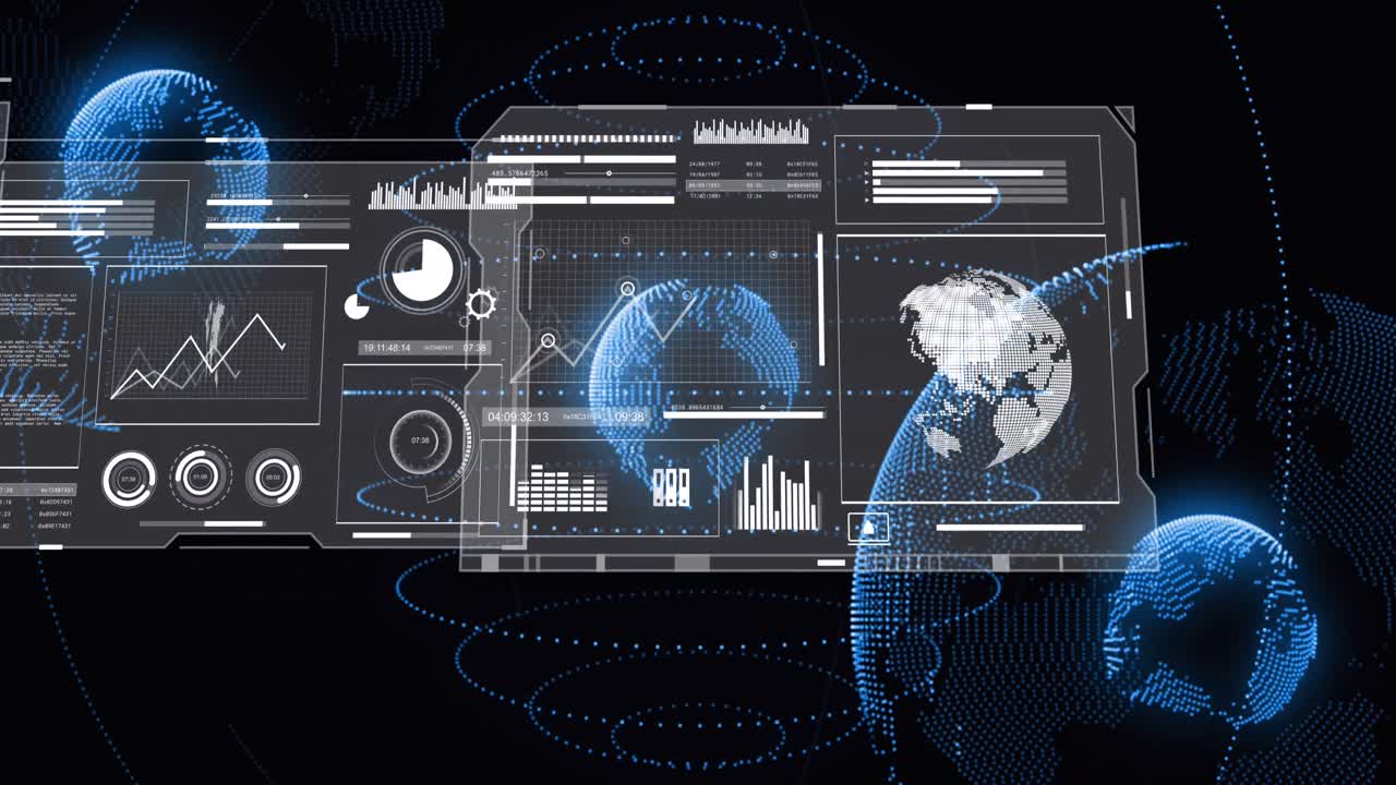 animación de gráficos, barras de carga y círculos con globo sobre fondo negro
