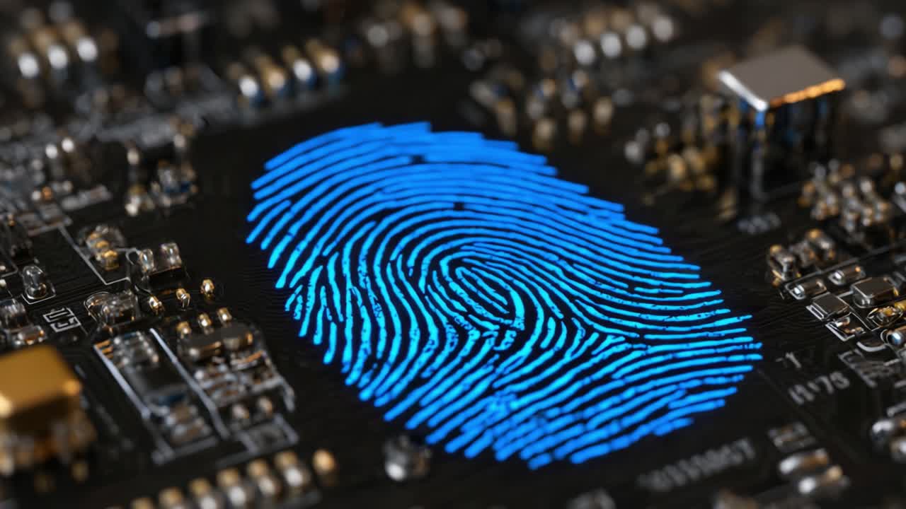 An Up-Close View of a Digital Fingerprint Laser-etched on a Circuit Board, Showcasing Advanced Technology and Security Features in Modern Electronics