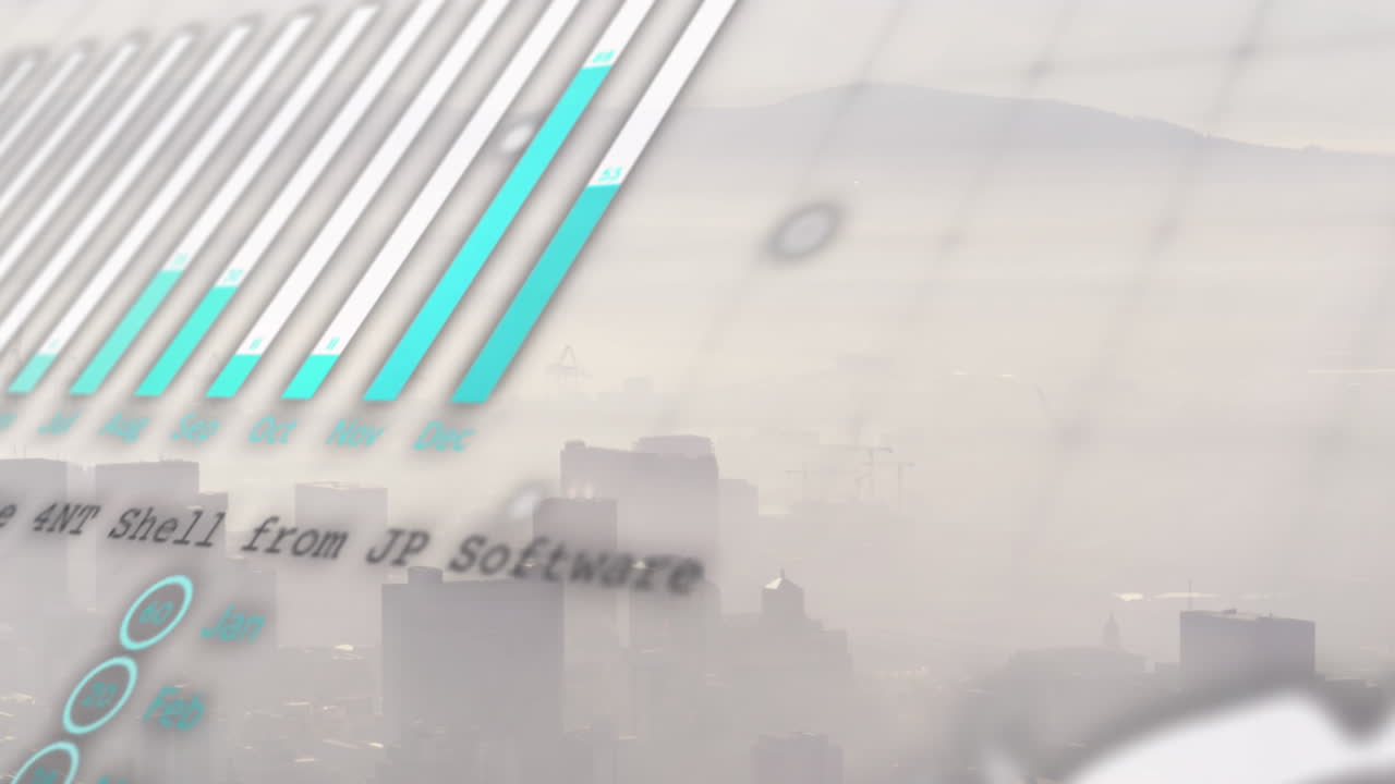 Animation of financial data processing over cityscape