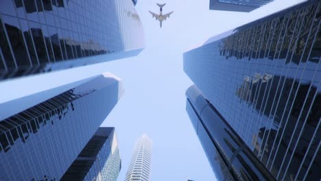 airplane flies over office buildings, seamless looping 3d animation 4k, ultra hd 3840x2160