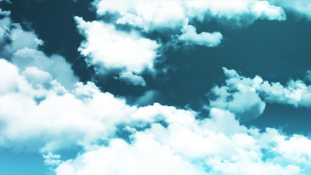 Magic sunset sky from a fairytale on shining stars background, seamless loop. Animation. Beautiful white clouds flowing slowly in the abstract blue sky