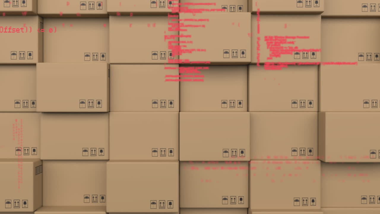 анимация обработки данных над стопом картонных коробок