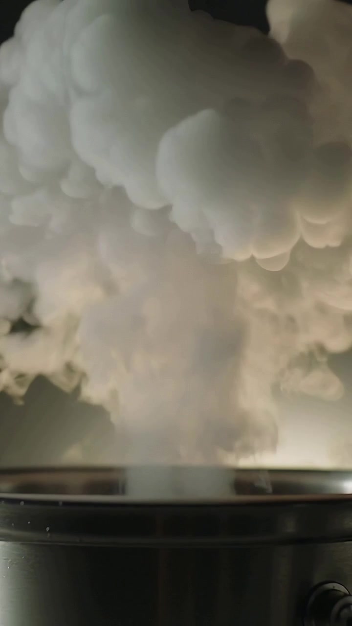 Vídeo vertical: Emitindo vapor branco denso, lata de metal criando uma nuvem em forma de cogumelo em estúdio, botão retroiluminado