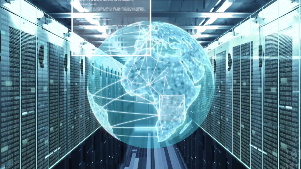 Animation of data processing and globe of connections over computer servers