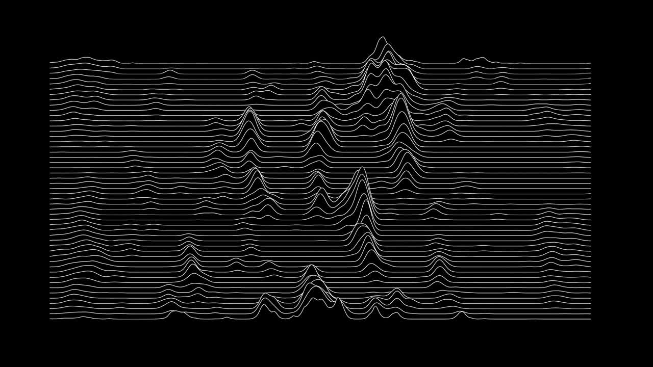 Audio wavefrom lines on black backdrop. Abstract music waves oscillation. Futuristic sound wave visualization. Synthetic music technology sample. Tune print.