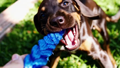happy puppy playing tug-of-war with a blue rope toy