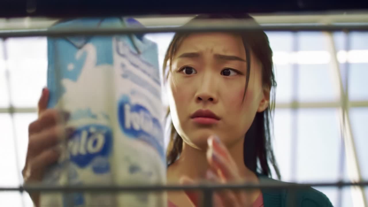 A Young Woman's Emotional Journey: Discovering Uncertainty and Reflection in a Grocery Store Aisle as She Ponders the Choices Before Her in a Moment of Contemplation