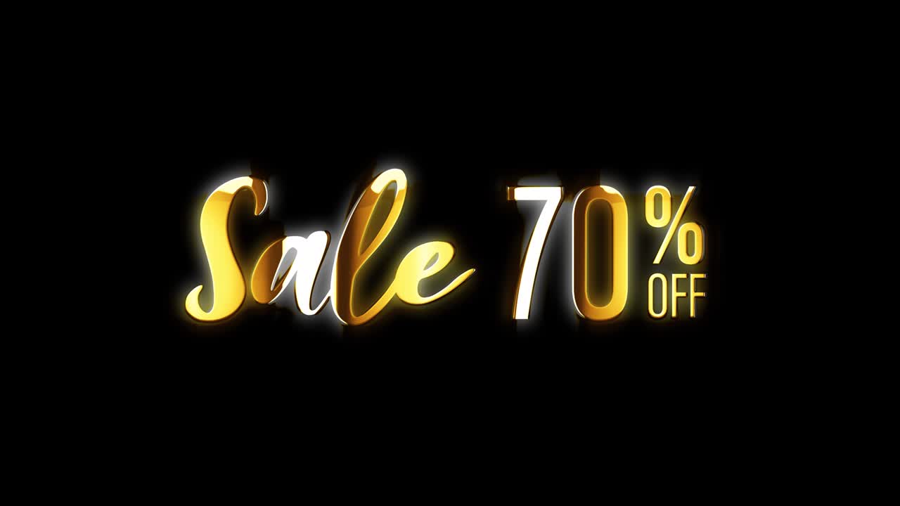 venta 70 por ciento de descuento texto dorado con efecto de elemento de animación de movimiento ligero. 4k bucle sin costuras aislado texto de animación video transparente con canal alfa utilizando prores quicktime 444.