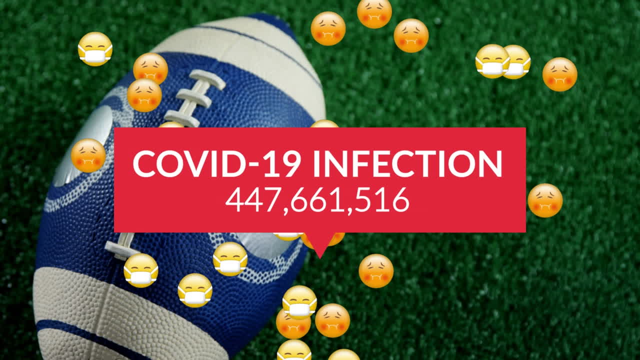 animación de infecciones de covid 19 texto sobre emojis enfermos cayendo y pelota de fútbol americano