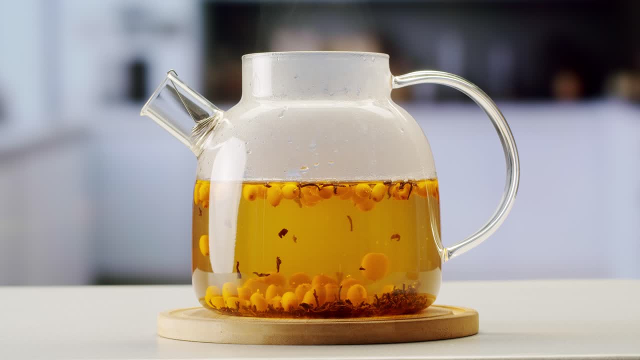 해바라기 건강한 베리 차 음료, 유리 항아리 및 잎을 가진 가지에 얼어붙은 익은 베리 어두운 나무 농촌 배경에  뷰, 피부, 심장, 혈관 및 면역 체계에 훌륭합니다.