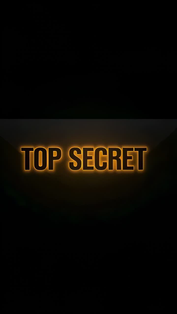 Vertical video: Starting TOP SECRET panel animation on black, sliding neon lines revealing title