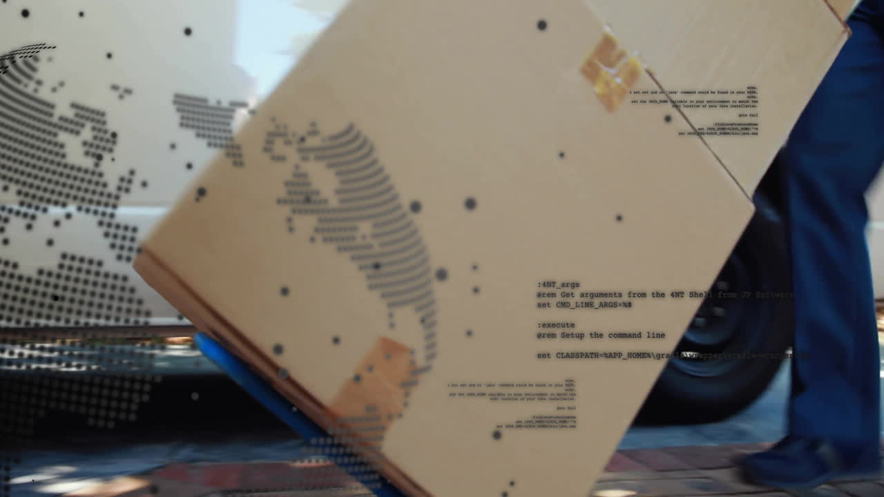 지구의 애니메이션과 데이터 처리가 상자를 가진 배달사