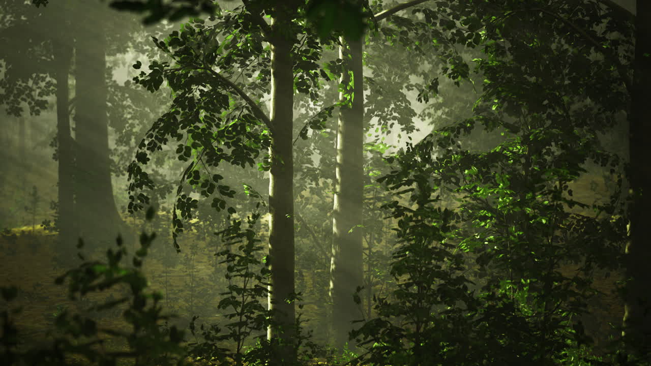 Sunlight filtering through trees in a misty forest during early morning hours
