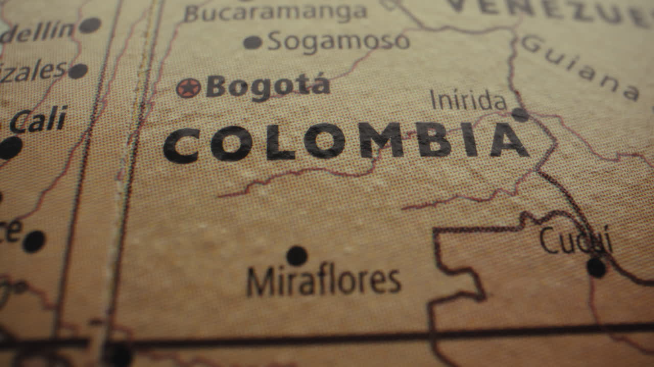 Close-up of a world map highlighting Colombia