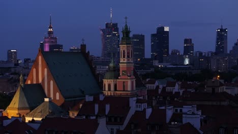 warsaw's old town at night, lights in the windows, the beautiful architecture of old warsaw and modern skyscrapers in the background, a meeting of old culture and modern design