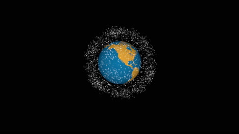 cloud of satellites orbiting around rotating earth on black background, seamless loop