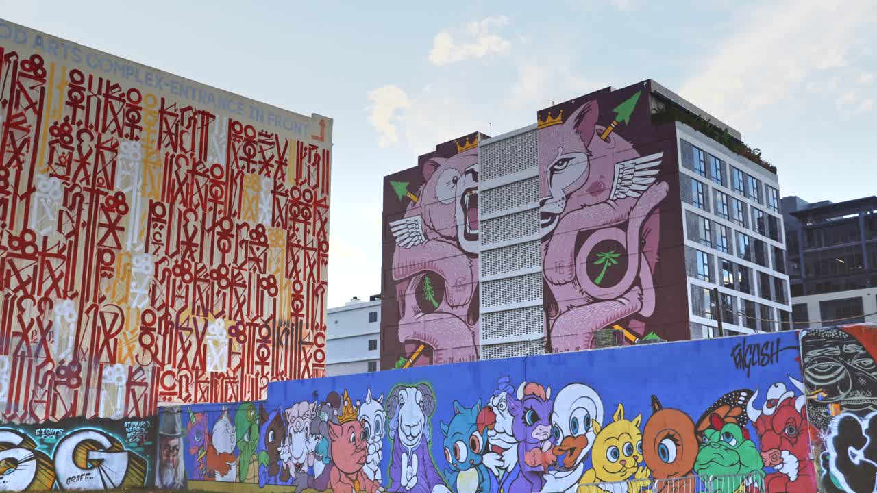 Travel blog video captures the vibrant street art of Wynwood Walls, Miami, showcasing large-scale murals painted on buildings.