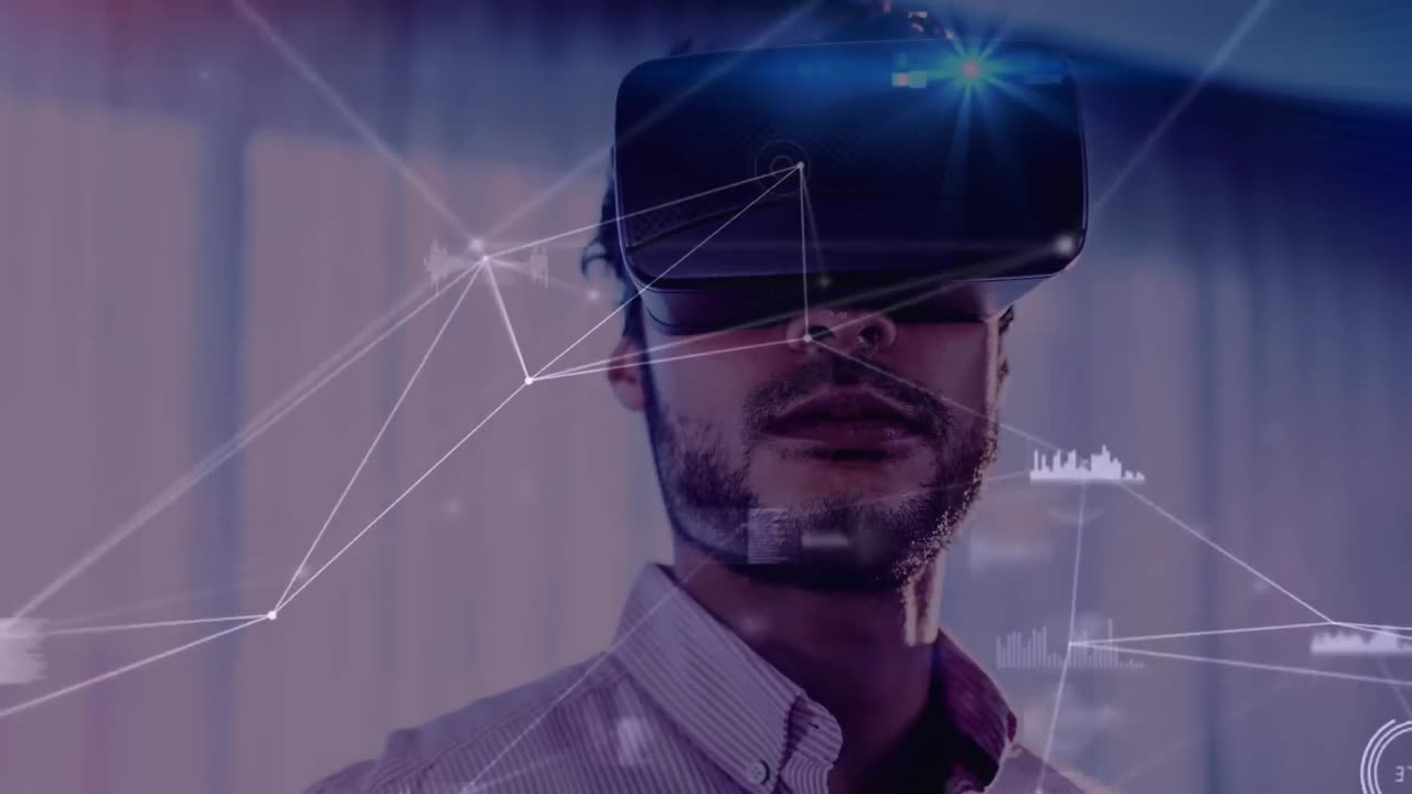 Animation of network of connections over businessman wearing vr headset