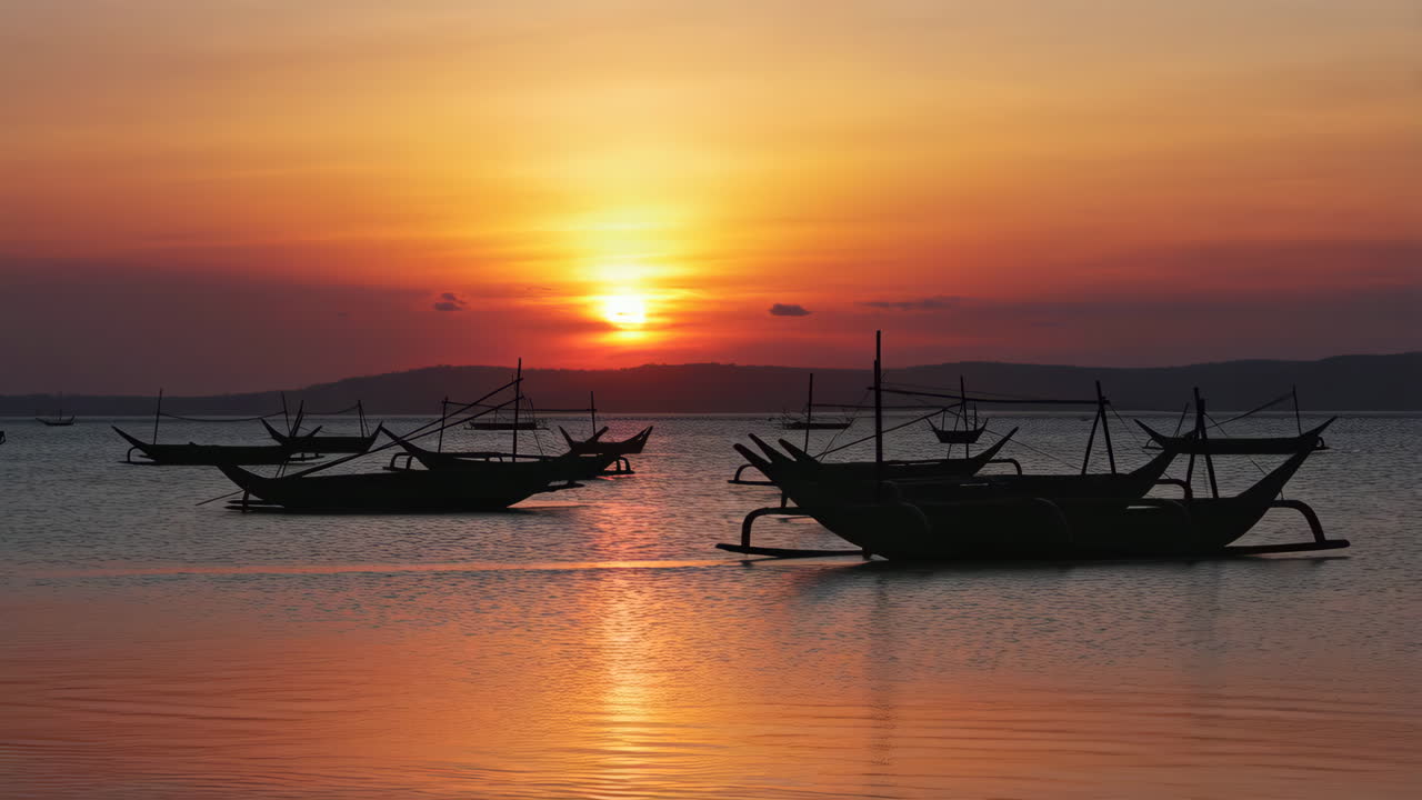 Silhouetted traditional boats on calm water at sunset