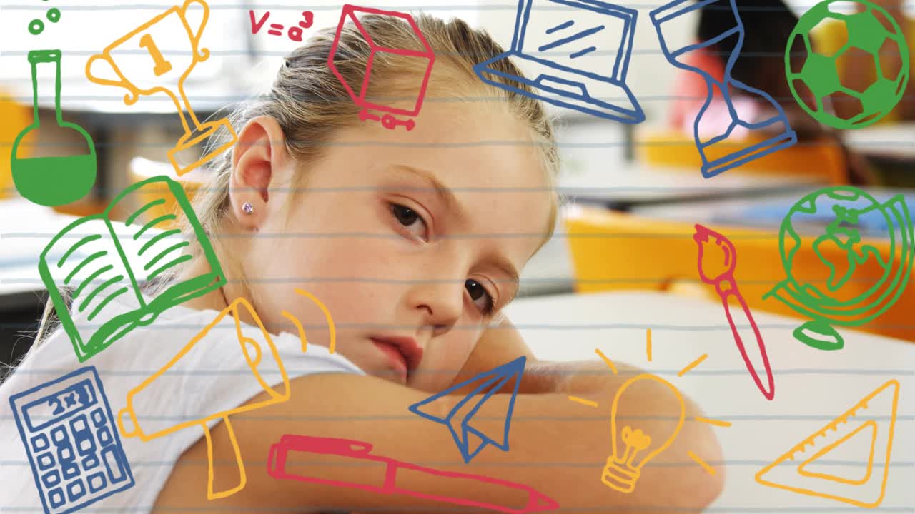 Student resting on desk, camera zooming gaze shifting sparking animated school doodles and learning