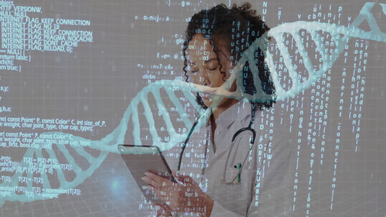 DNA strand and binary coding animation over medical professional using tablet