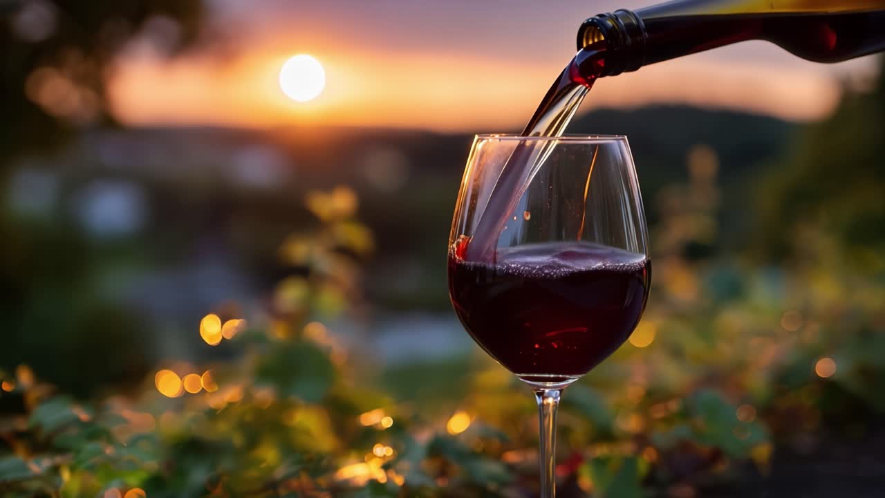 Goldene Sonne versinkt hinter Weinbergen. Wein fließt in ein Kristallglas. Sanfte Bokeh-Lichter leuchten im Hintergrund. Warme Töne erzeugen ruhige, intime Momente. Perfekt für romantische, Freizeit- oder Wellness-Themen.