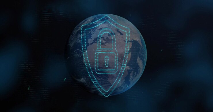 Lit 3D globe rotating while neon-blue shield and padlock forming with flare for digital security
