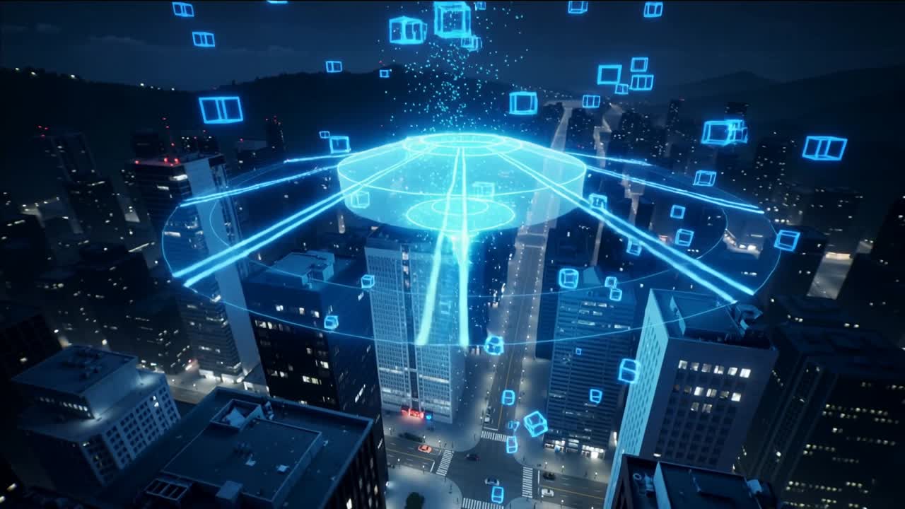 Coalescing blue light sparking holo disc forming above downtown, projecting beams, cubes for maps