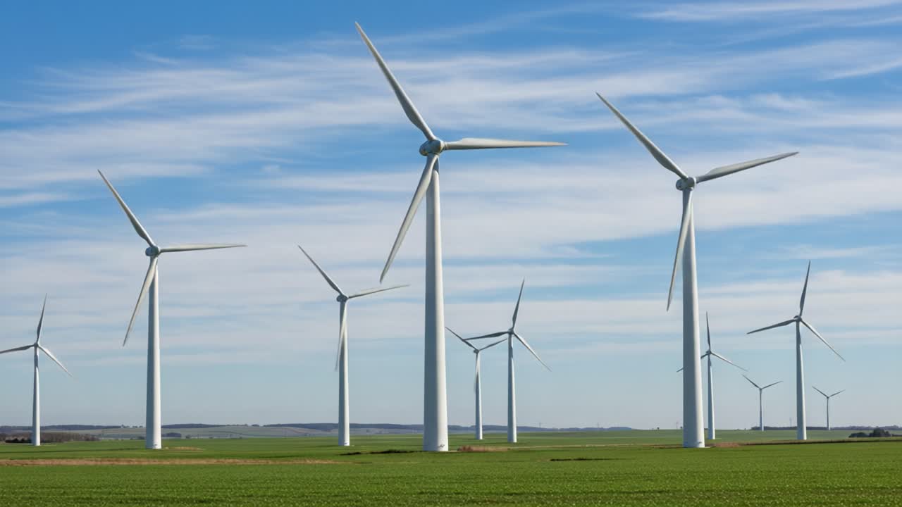 A panoramic view of multiple wind turbines standing tall against a vibrant blue sky, set in a vast green field, showcasing renewable energy in action and the beauty of sustainable technology.