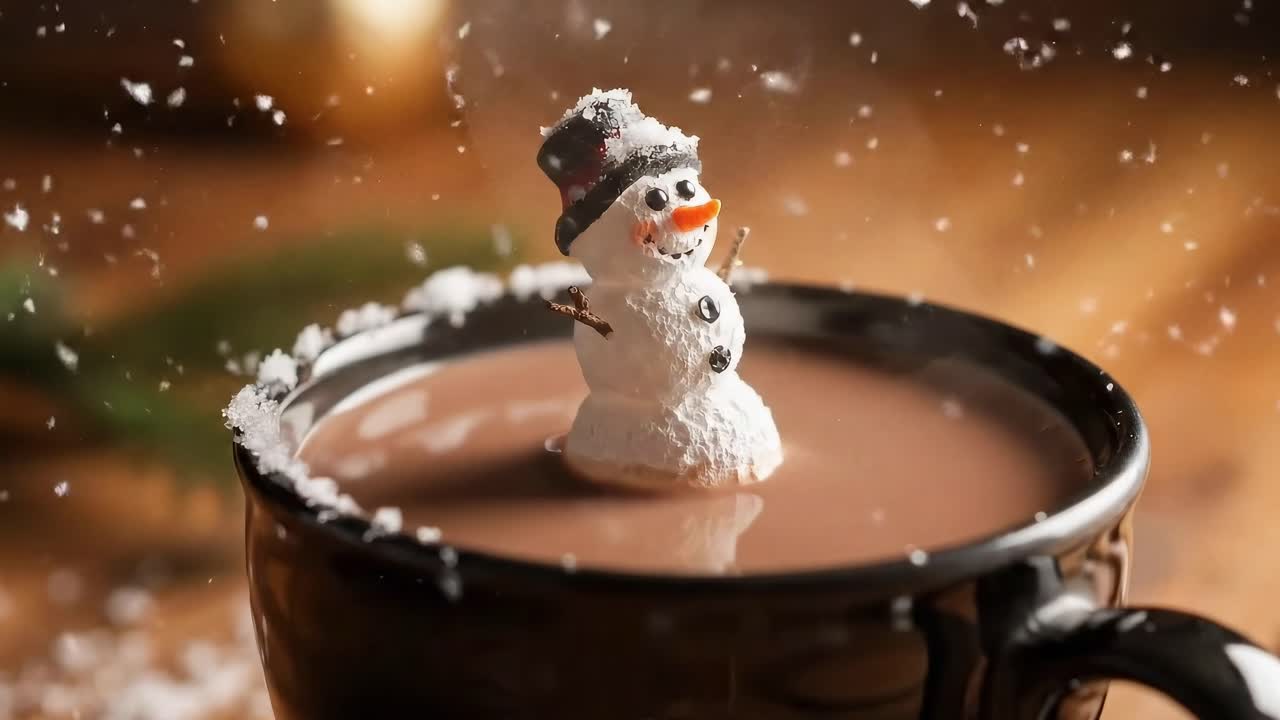 Close-up video of a snowman in hot chocolate, shot from a low angle, cozy and whimsical