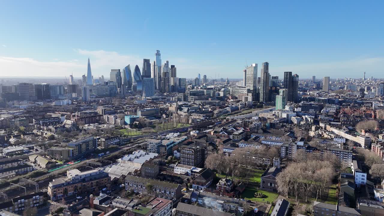 2025 London City skyline viewed from Tower Hamlets aerial