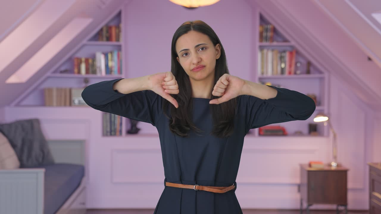 chica india molesta mostrando los pulgares hacia abajo