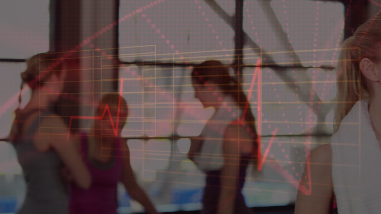 Animation of heart rhythms over caucasian woman drinking water after workout at gym