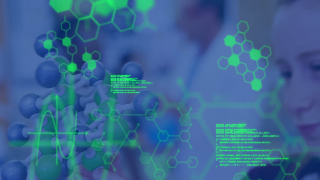 Animation of data processing and chemical formula over diverse schoolchildren and teacher