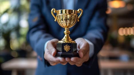 man holding a golden trophy