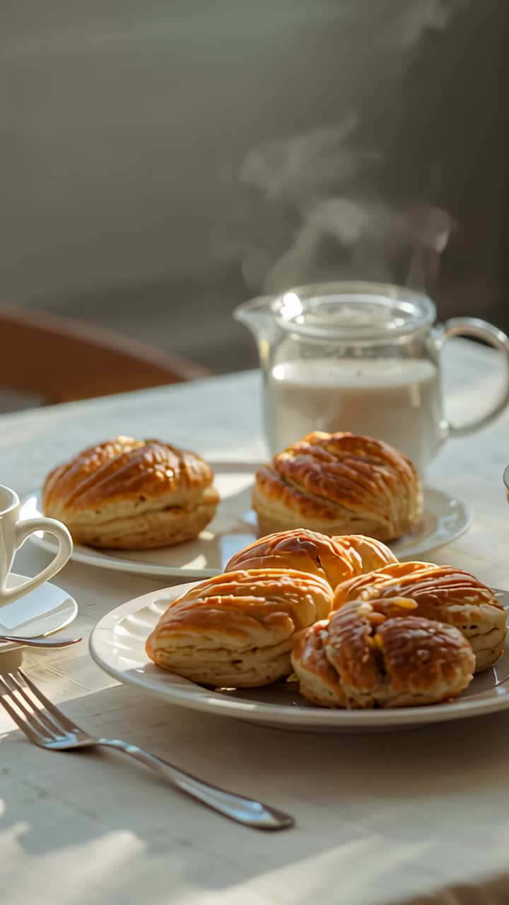 Vertical video: Capturing four pastries with steaming pitcher as camera shifting at dining table