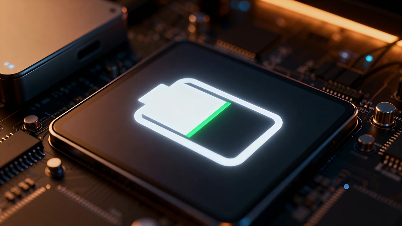 L'illuminazione della fotocamera che cambia crea uno sfarfallio sull'icona della batteria su un chip PCB nero, mostrando una carica parziale
