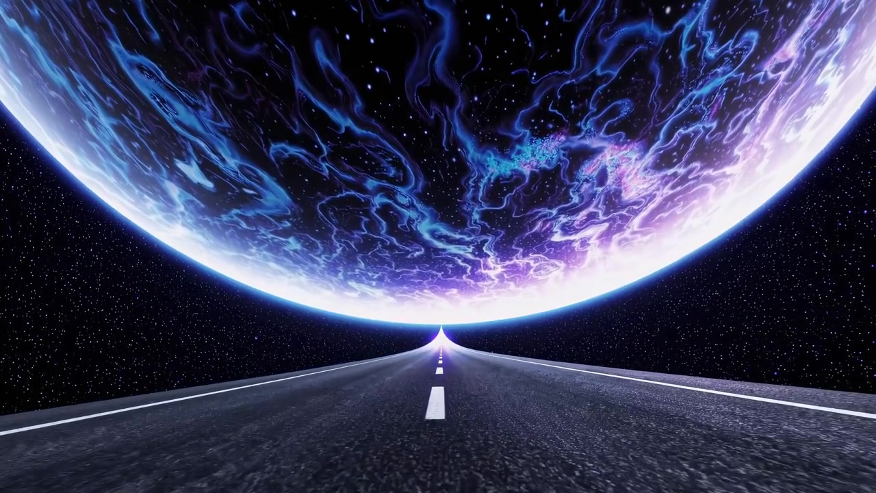 Strada infinita che porta a un pianeta cosmico luminoso nello spazio