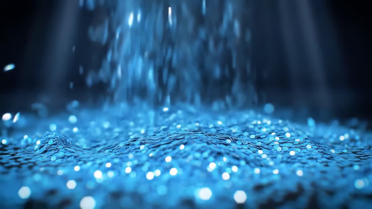 Soft blue particles cascade in a mesmerizing flow, illuminating the dark background. The gentle descent captures the enchanting beauty of movement and color.