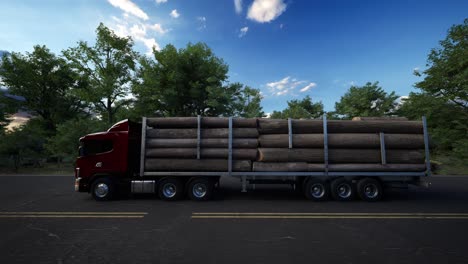 transports heavy logs down an empty asphalt highway crossing the beautiful forest, freight truck hauls heavy logs down the rural freeway