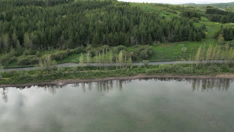 Luftaufnahme-Der-Seespiegelung,-Wald-Im-Hintergrund