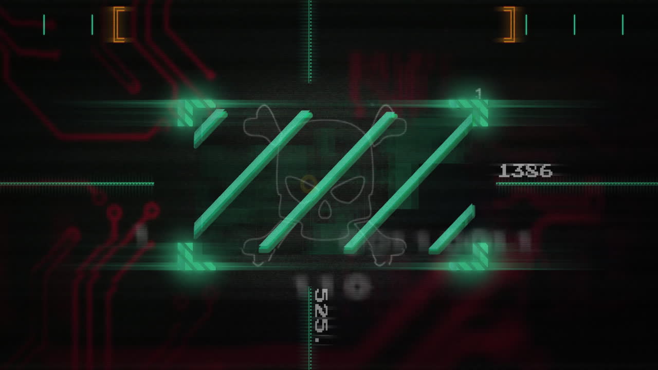 Digital skull and crossbones with data patterns on animation circuit background
